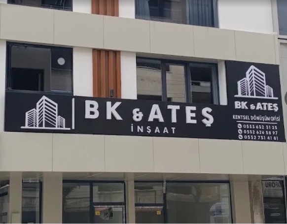 Güngören Güven Mahallesi İnönü Caddesi’ndeki BK & ATEŞ İNŞAAT ofisinin tabelalı ön cephesi